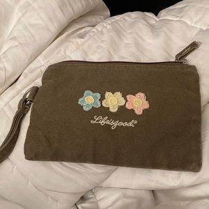Life is good pouch.  7 x 4 inches.  Brown with pale colored flowers